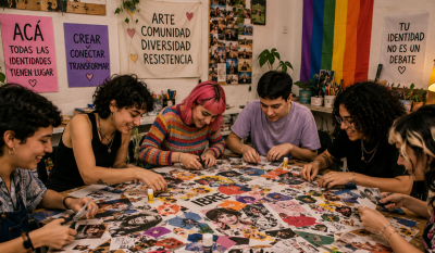 personas haciendo collage