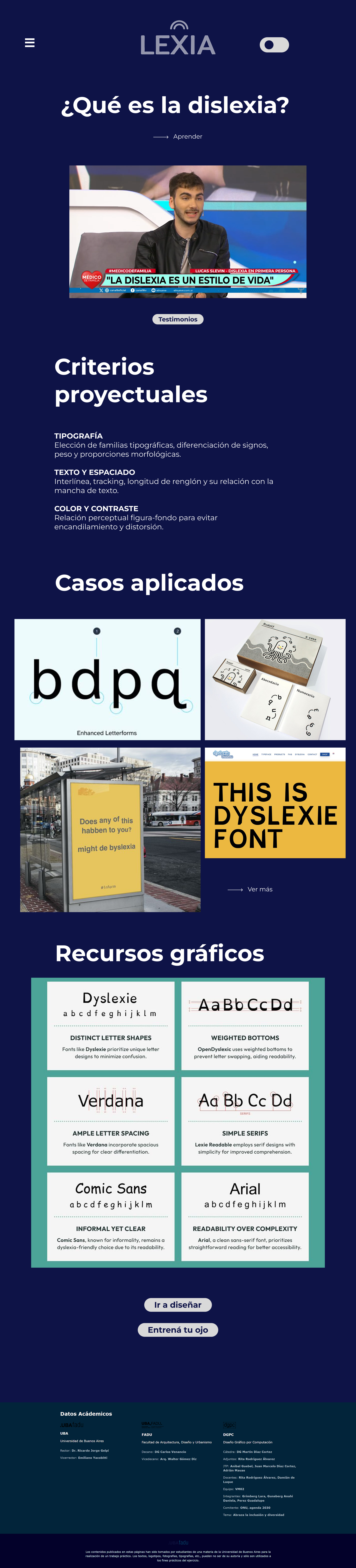 Prototipo de interfaz de la webapp LEXIA con secciones de dislexia, criterios proyectuales y recursos gráficos