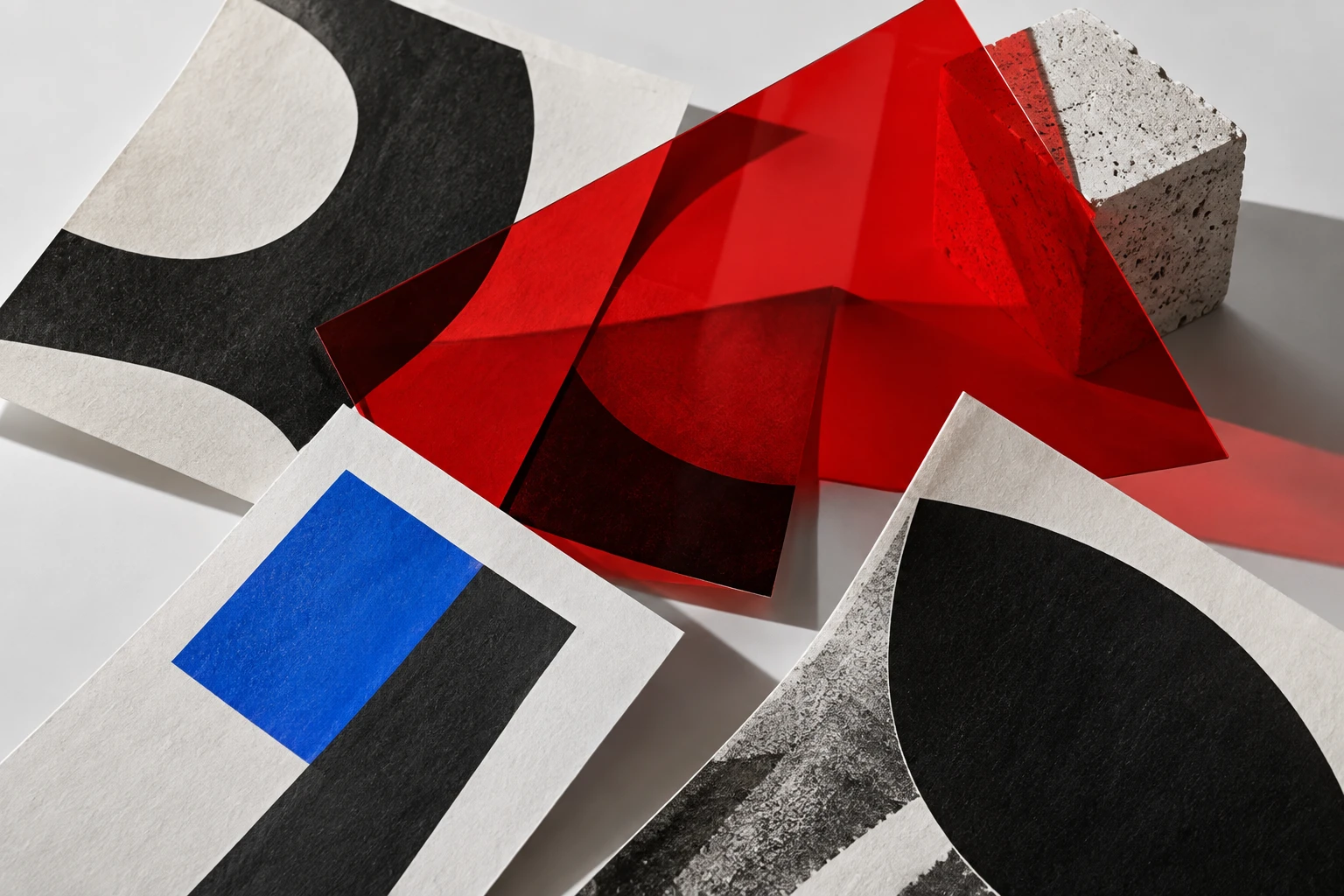 Composición conceptual con papeles, formas tipográficas negras y acetato rojo translúcido