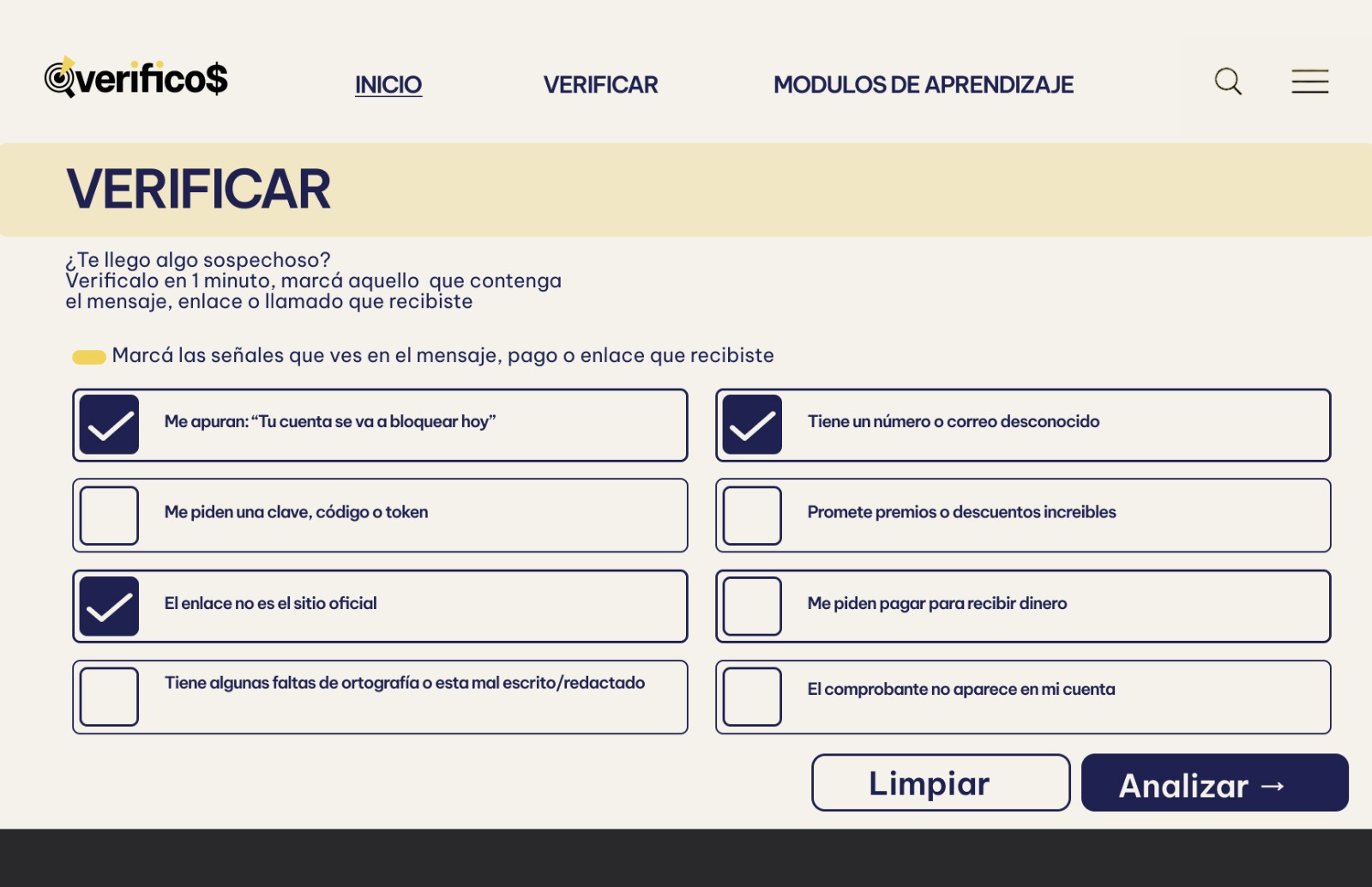 verification tool interface with active checkboxes for analyzing potential digital scams