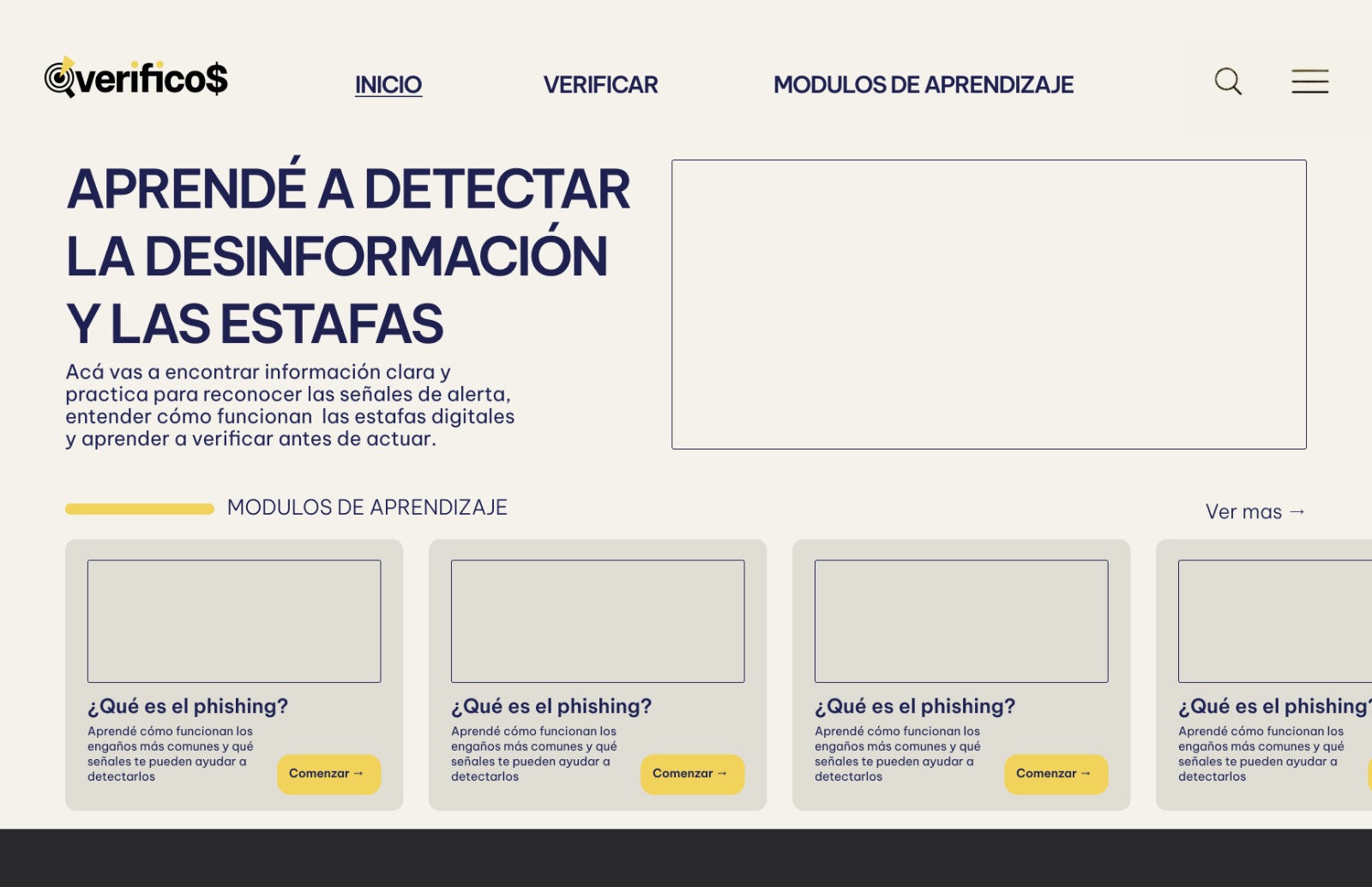 verificos homepage scrolled down showing a horizontal carousel of learning module cards