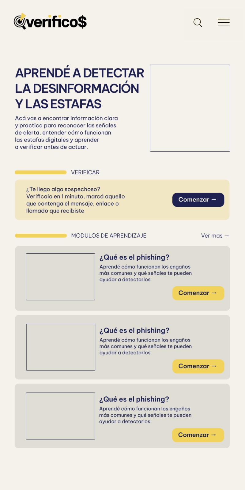 verificos mobile homepage hero section with a headline about detecting misinformation and a section to start the verification