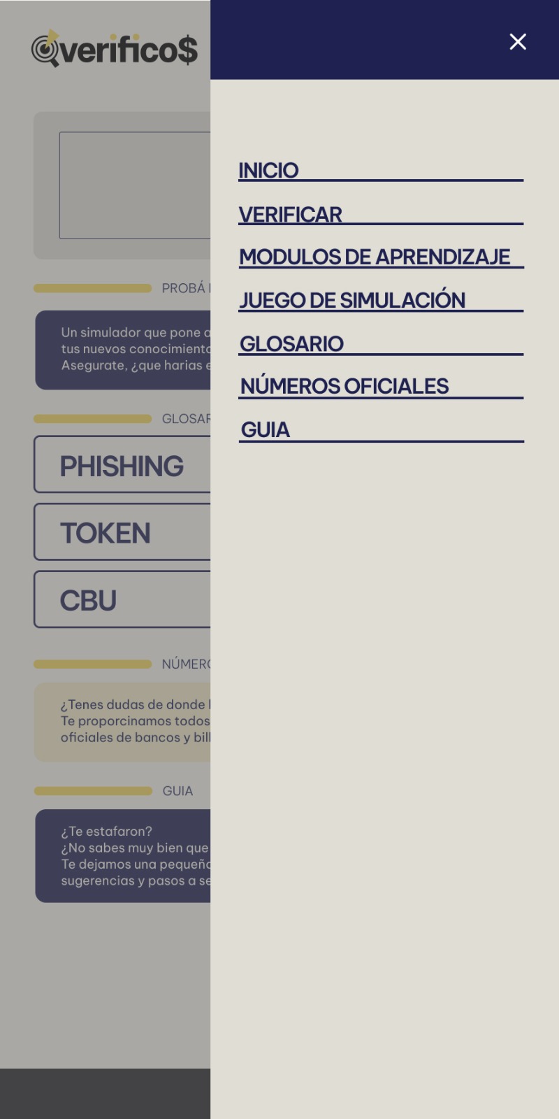 verificos mobile interface with the main navigation menu open on the right side, showing all site sections