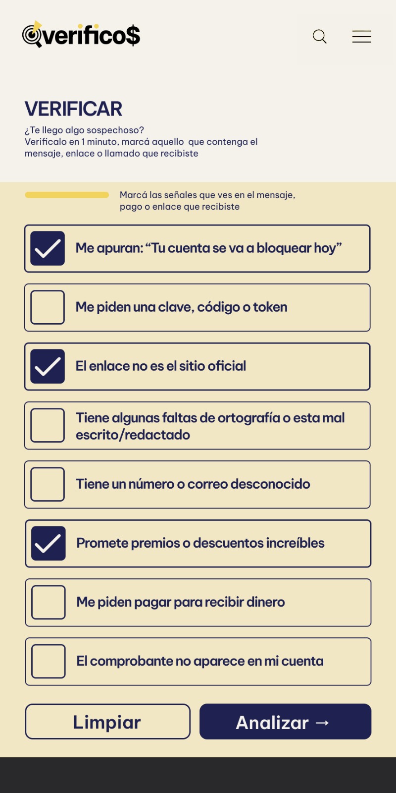 verificos verification tool showing a list of suspicious message signs with several checkboxes selected