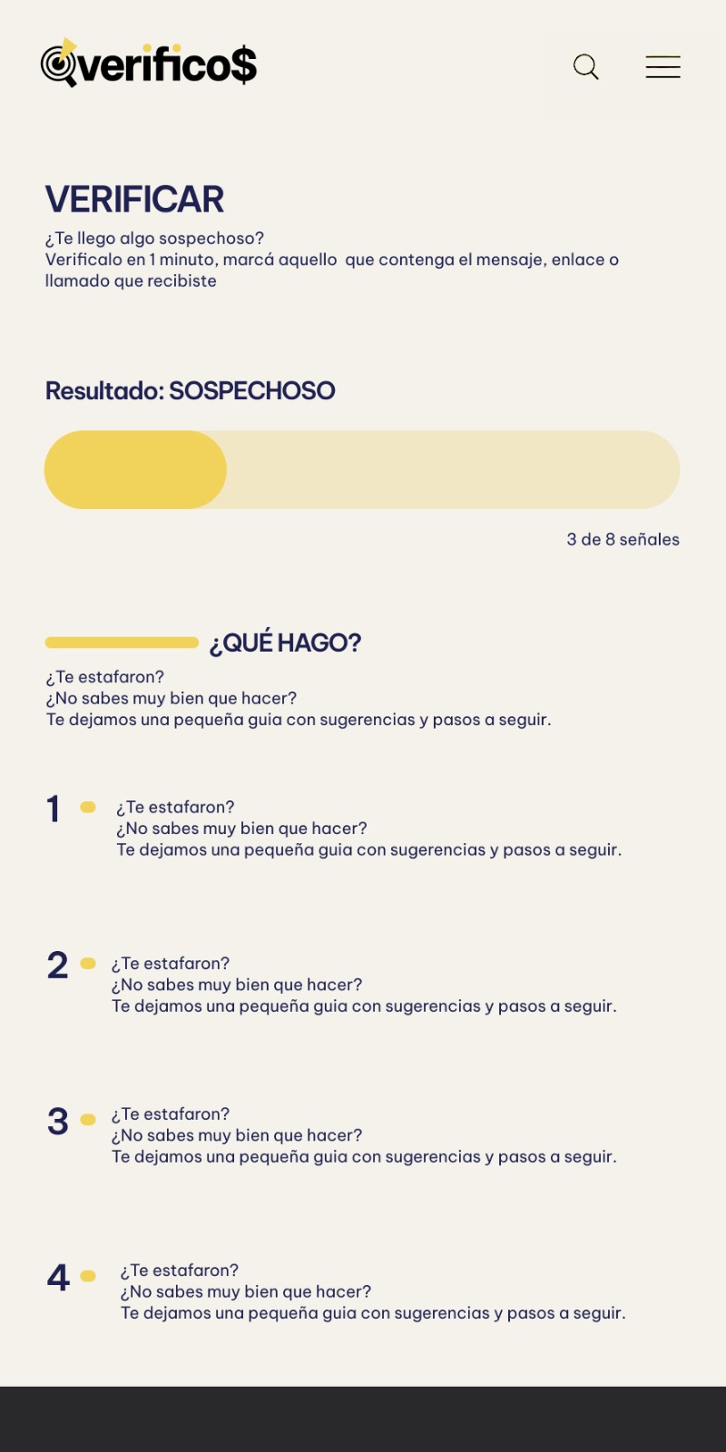 verificos verification results page showing a suspicious content warning, a progress indicator, and a step-by-step action guide