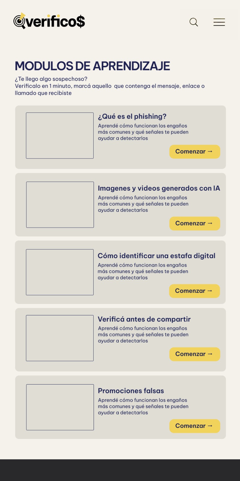 verificos learning modules page showing a vertical list of educational courses on digital scams, phishing, and ai-generated media