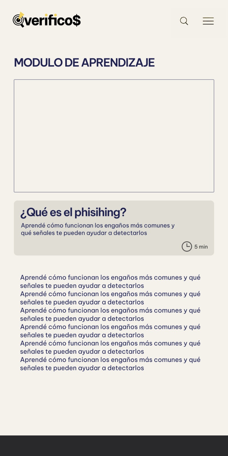 verificos phishing learning module page showing the educational text and an estimated reading time of five minutes
