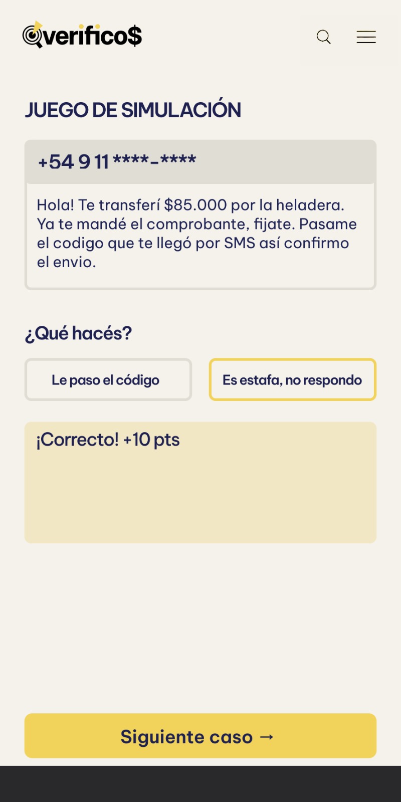 verificos simulation game showing a fake text message scenario, response options, and a correct answer notification adding points