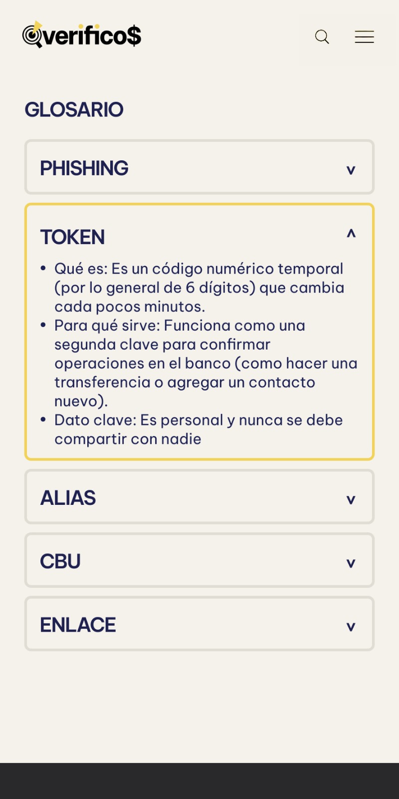 verificos glossary page with the term 'token' expanded to reveal its definition and security tips