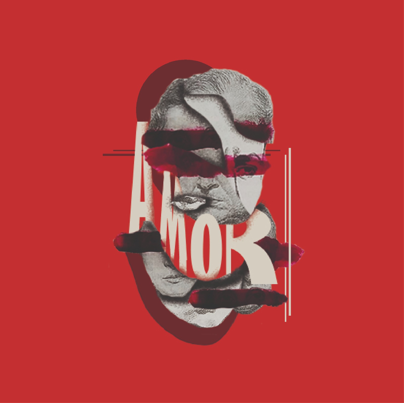 mix of diferents parts of a face with a text in the middle that says 'Amor'